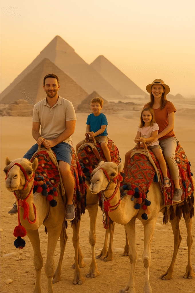 Egypt travel safety family camel ride Giza pyramids