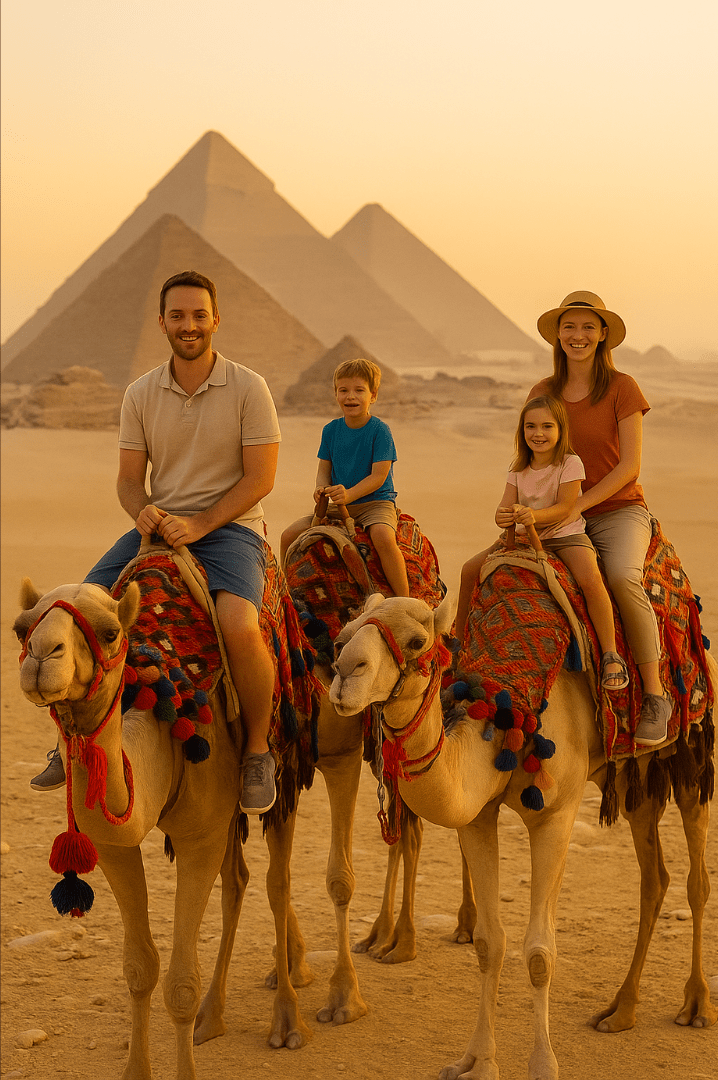 Egypt travel safety family camel ride Giza pyramids