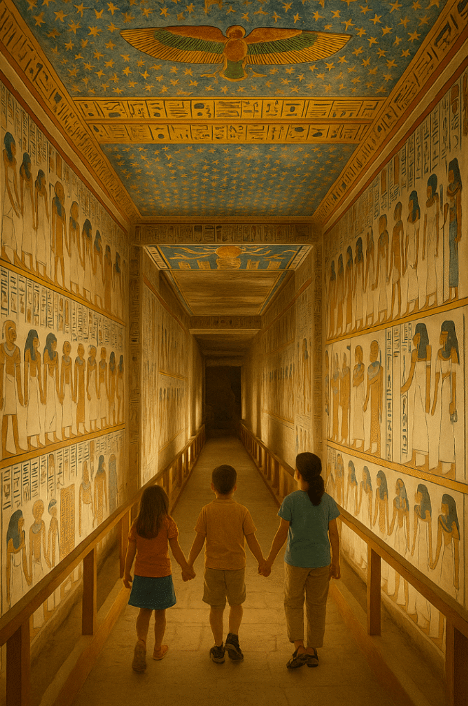 Decorated royal tomb corridor inside the Valley of the Kings.