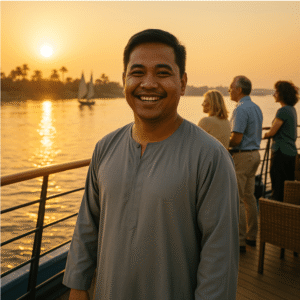 Passengers relaxing on deck during Nile River cruise Egypt