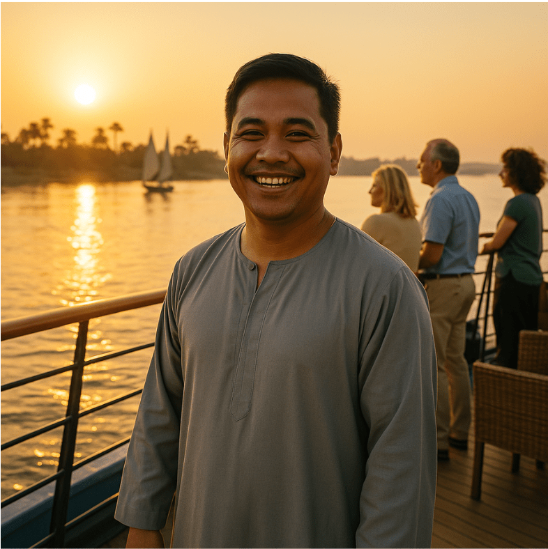 Passengers relaxing on deck during Nile River cruise Egypt