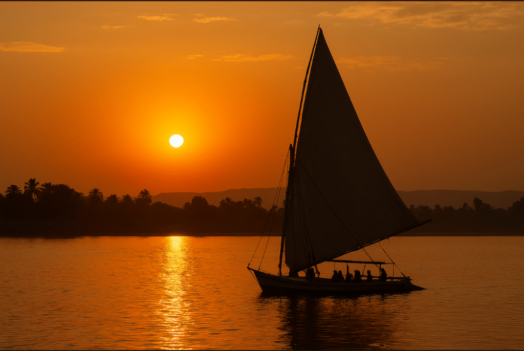 Nile felucca Cairo travel night sail Egypt.