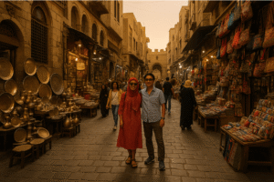 Tourists in Egypt market avoiding scams and vendors
