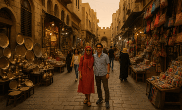 Tourists in Egypt market avoiding scams and vendors