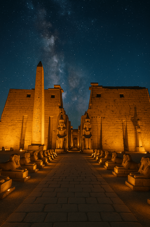 Golden-lit temple columns glowing against deep blue night.
