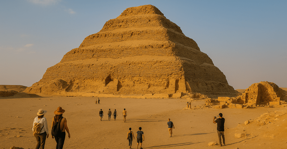 Step Pyramid of Saqqara with visitors exploring the ancient pyramid complex in Egypt