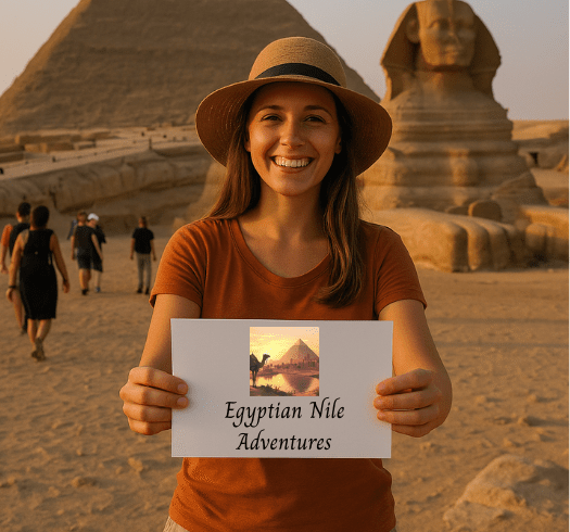 Tourist in front of the Giza pyramids and sphinx