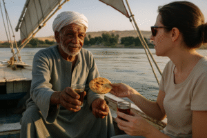 Elderly Egyptian man sharing tea and bread with a female tourist on a felucca sailing the Nile at sunset.