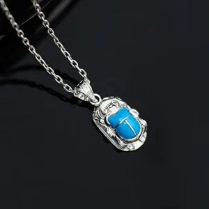 Sterling Silver Scarab Necklace with Blue Enamel — Ancient Egyptian Inspired