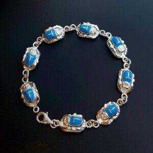 Sterling Silver Scarab Bracelet with Blue Enamel — Ancient Egyptian Inspired