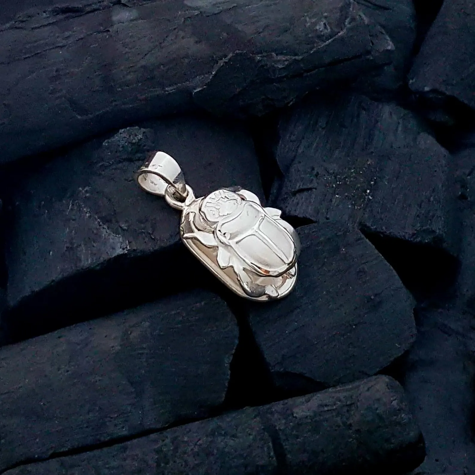 Sterling Silver Scarab Necklace: Double Sided Egyptian Beetle Pendant