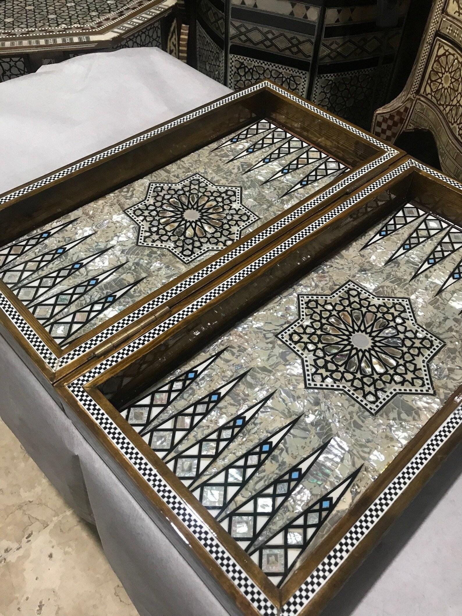 Handcrafted Egyptian Backgammon & Chess Board — Mother of Pearl Inlay (16.8 in) - Image 6