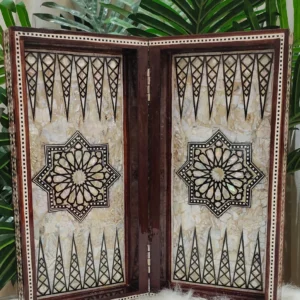Handcrafted Egyptian Backgammon & Chess Board — Mother of Pearl Inlay (14 in)