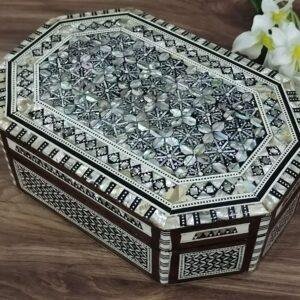 Handcrafted Egyptian Wood Jewelry Box — Mother of Pearl Inlay (Octagonal)