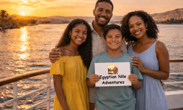 Family on Nile cruise at sunset