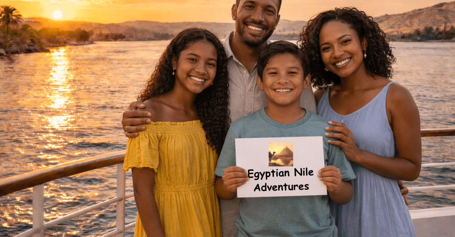 Family on Nile cruise at sunset