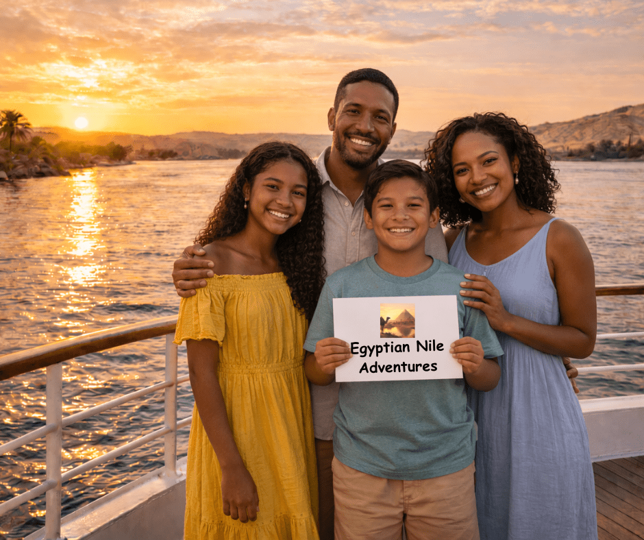 Family on Nile cruise at sunset