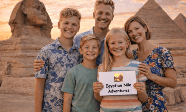 Family in front of the Sphinx and Pyramids at sunset
