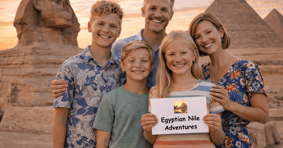 Family in front of the Sphinx and Pyramids at sunset