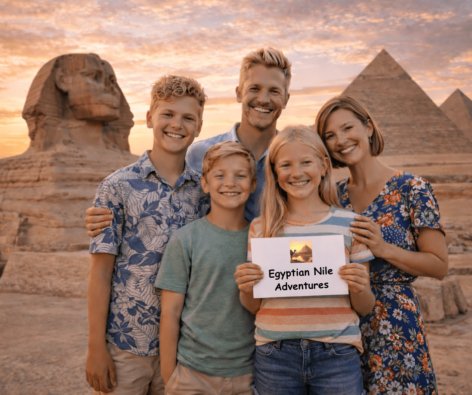 Family in front of the Sphinx and Pyramids at sunset