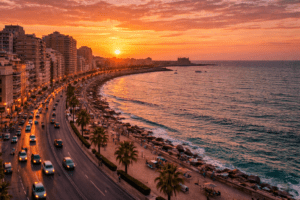 Alexandria Corniche at sunset along the Mediterranean coast of Egypt