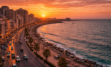 Alexandria Corniche at sunset along the Mediterranean coast of Egypt