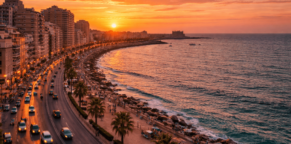 Alexandria Corniche at sunset along the Mediterranean coast of Egypt