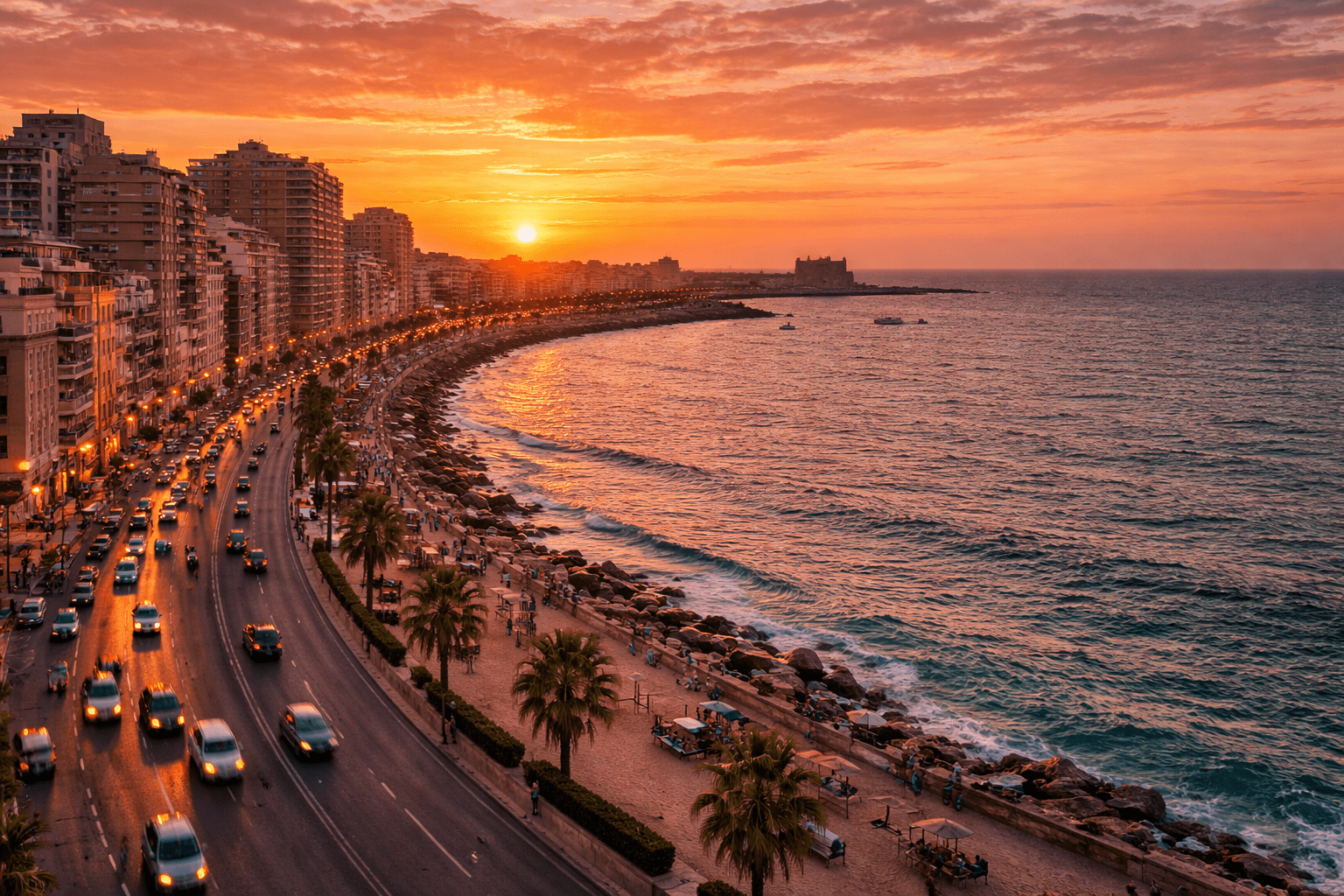 Alexandria Corniche at sunset along the Mediterranean coast of Egypt