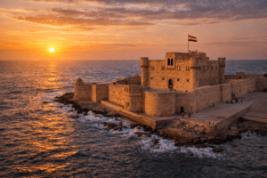 Qaitbay Citadel in Alexandria Egypt overlooking the Mediterranean Sea at sunset