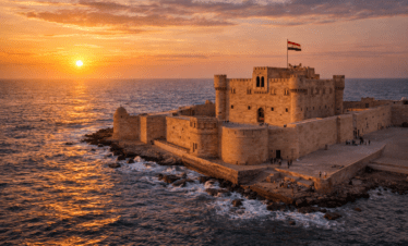 Qaitbay Citadel in Alexandria Egypt overlooking the Mediterranean Sea at sunset