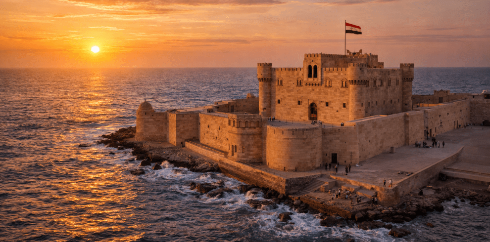 Qaitbay Citadel in Alexandria Egypt overlooking the Mediterranean Sea at sunset