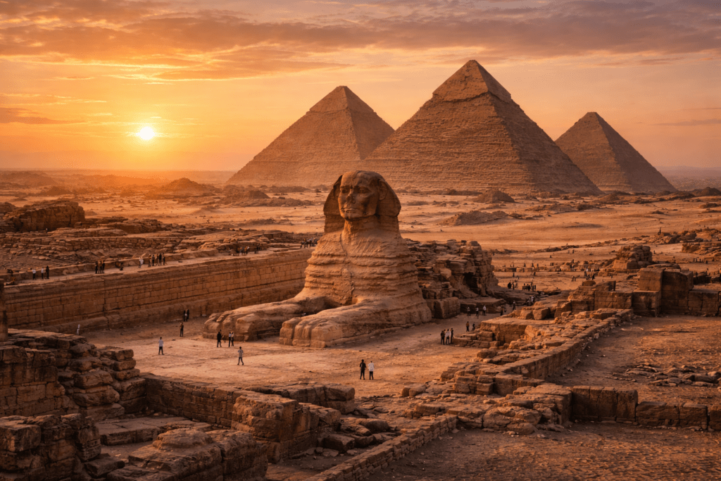 The Great Sphinx and Pyramids of Giza at sunset near Cairo, Egypt