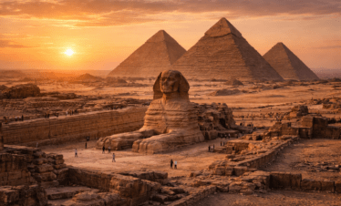 The Great Sphinx and Pyramids of Giza at sunset near Cairo, Egypt