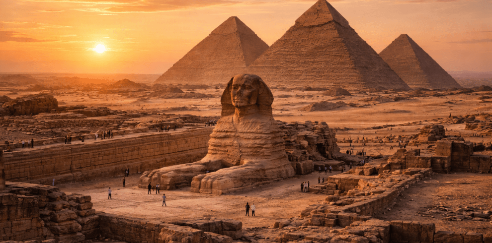 The Great Sphinx and Pyramids of Giza at sunset near Cairo, Egypt