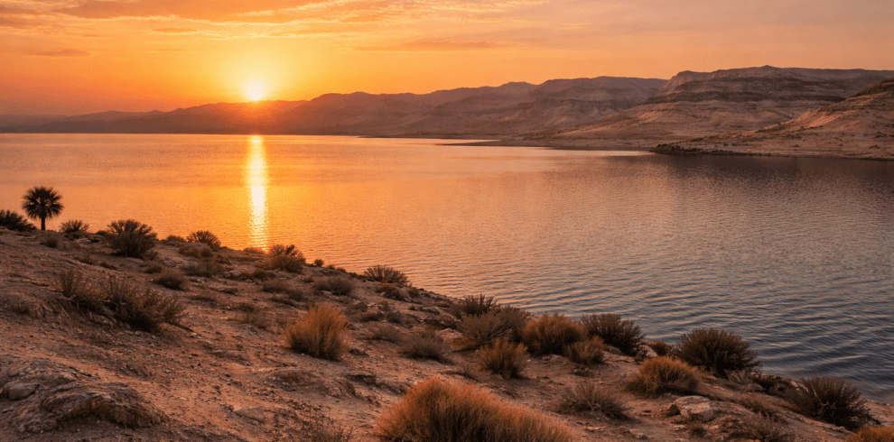 Lake Qarun in Fayoum Egypt at sunset