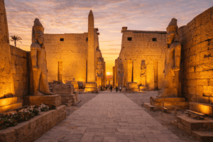 Luxor Temple at night in Luxor Egypt.
