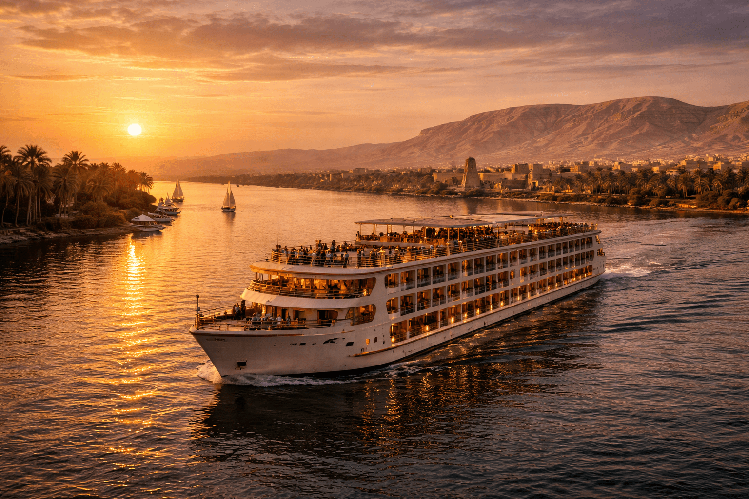 Luxury Nile River cruise ship sailing between Luxor and Aswan at sunset