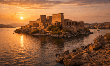 Philae Temple in Aswan, Egypt at sunset on the Nile River