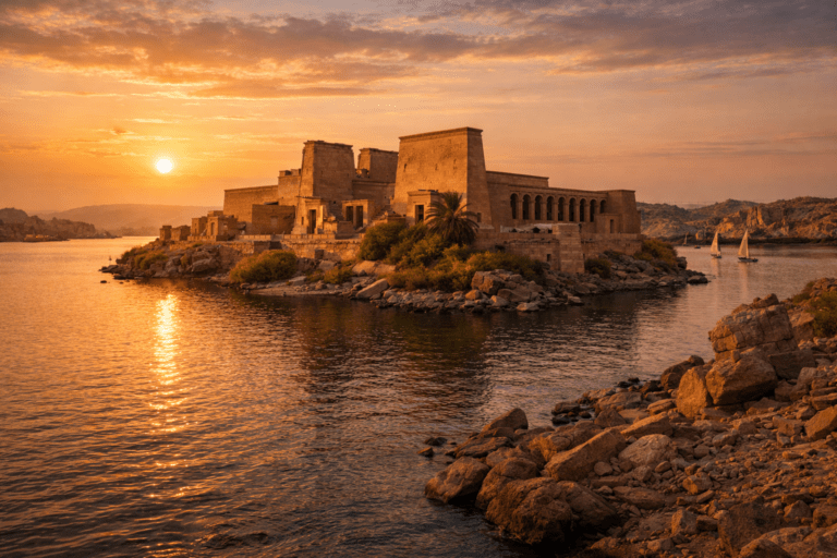 Philae Temple in Aswan, Egypt at sunset on the Nile River