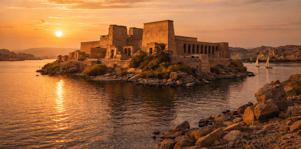 Philae Temple in Aswan, Egypt at sunset on the Nile River