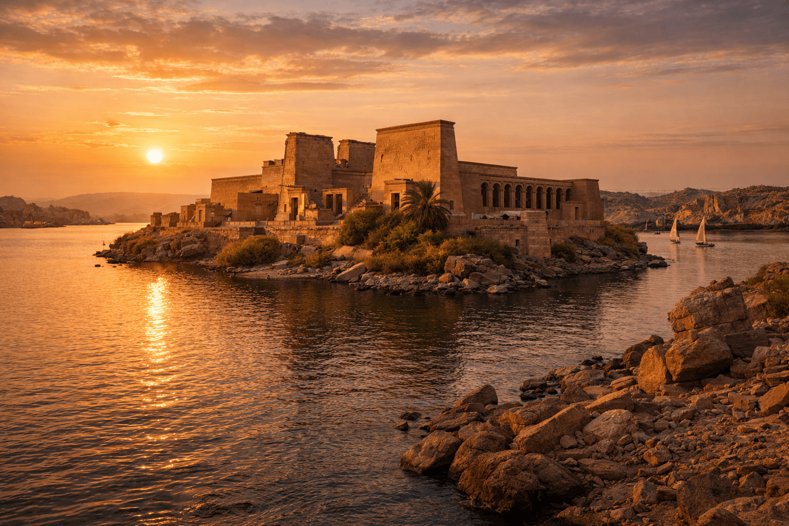Philae Temple in Aswan, Egypt at sunset on the Nile River
