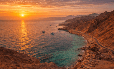Sunset over the Red Sea coastline in Sharm El Sheikh Egypt