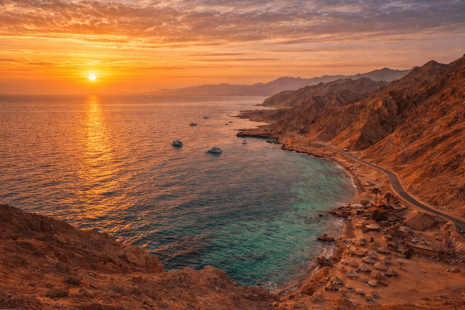 Sunset over the Red Sea coastline in Sharm El Sheikh Egypt