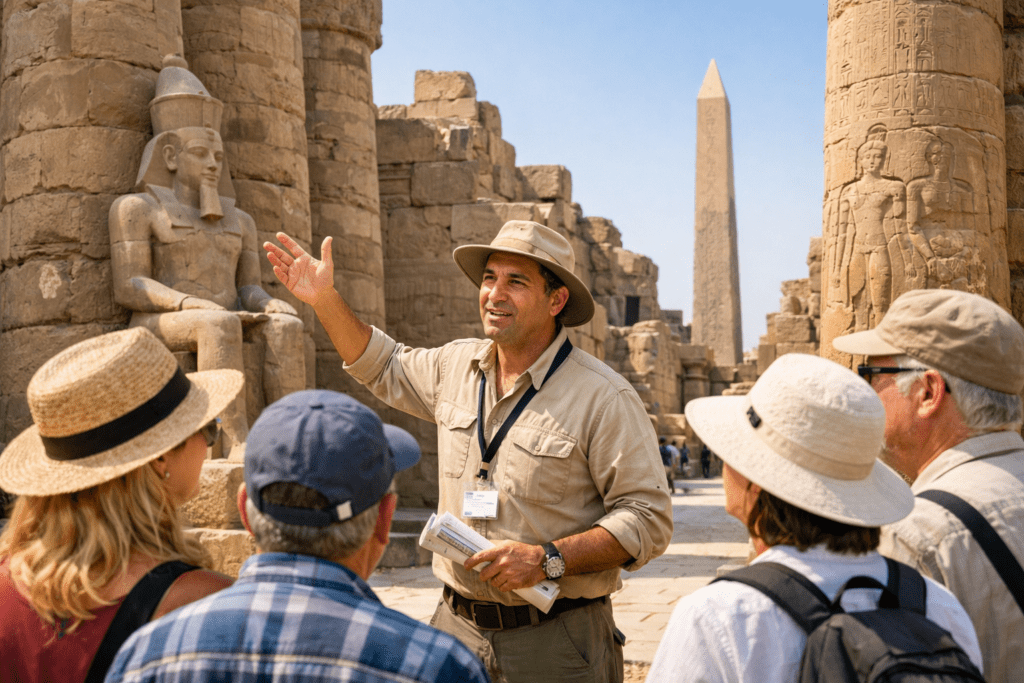 Licensed Egyptologist guide explaining temple in Luxor