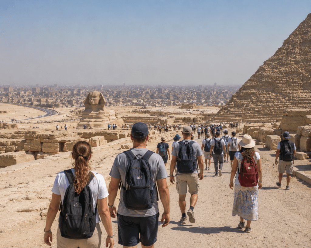 First-time travelers walking across the Giza Plateau near Cairo