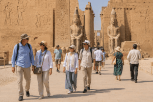Tourists dressed appropriately while sightseeing in Egypt