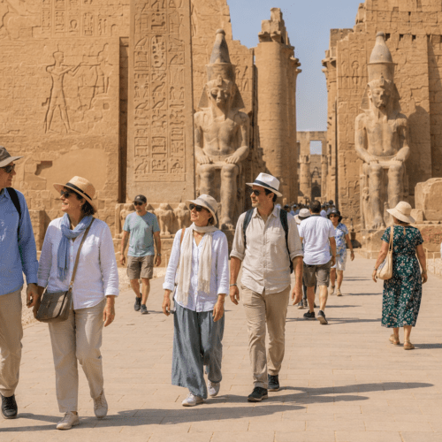 Tourists dressed appropriately while sightseeing in Egypt