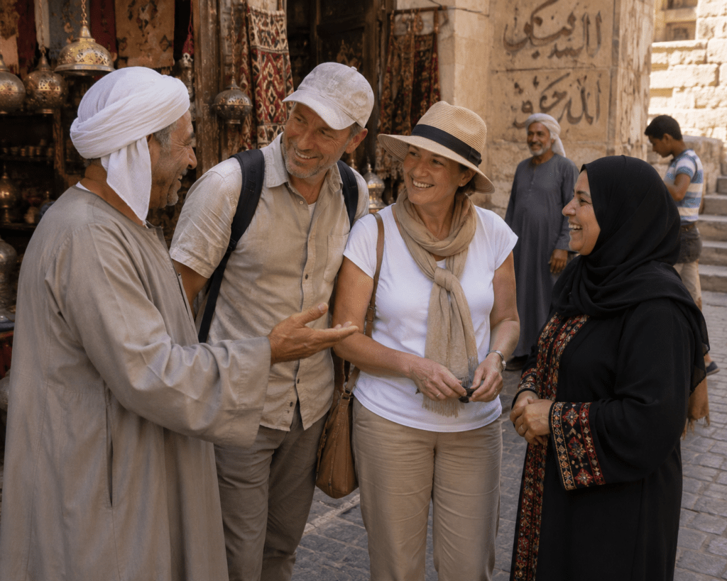 Travelers interacting with locals in Egypt