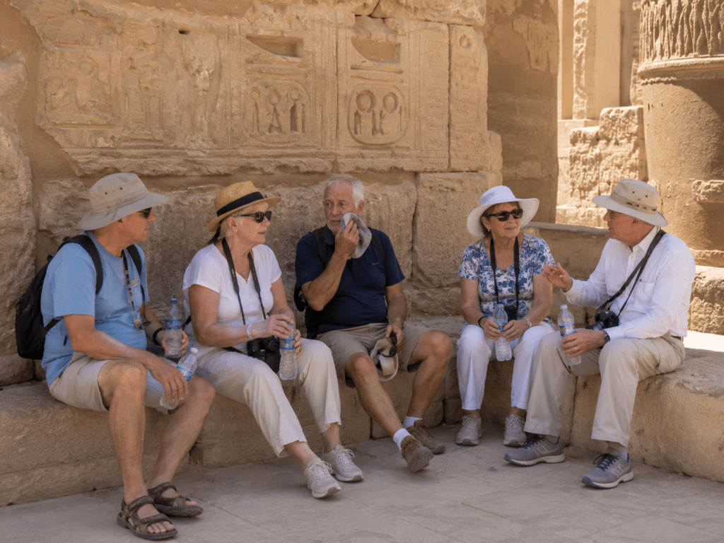 Travelers resting during temple tour in Egypt