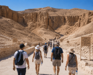 Visitors exploring temples in Luxor heat